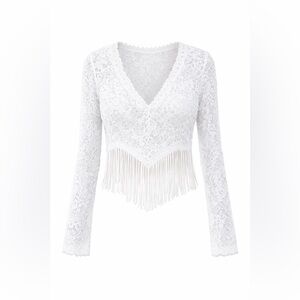 White Lace Fringe V-Neck Long Sleeve Top Size Small